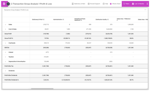 Roveel Transaction Group Analysis Profit & Loss Dashboard & Report