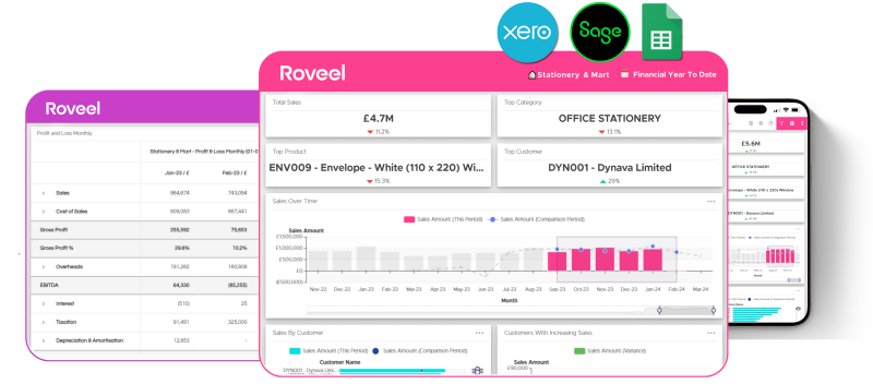 Roveel business intelligence dashboard showing financial metrics and data visualizations